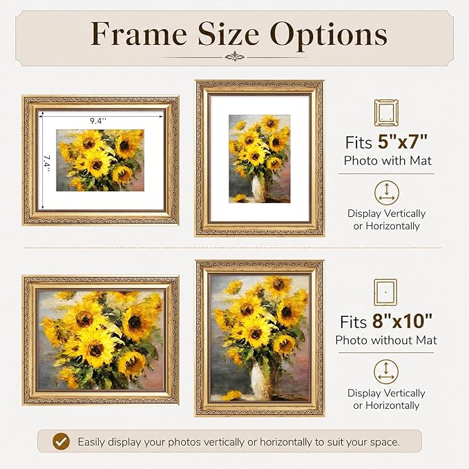 JCJMY 8x10 Vintage Picture Frame with 5x7 Mat Set of 2, Elegant Retro 8 by 10 Photo Frame with Shatter-Resistant Plexiglass for Wall or Tabletop Display, Gallery Decor & Gift, Gold, 2 Pack