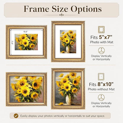 JCJMY 8x10 Vintage Picture Frame with 5x7 Mat Set of 2, Elegant Retro 8 by 10 Photo Frame with Shatter-Resistant Plexiglass for Wall or Tabletop Display, Gallery Decor & Gift, Gold, 2 Pack
