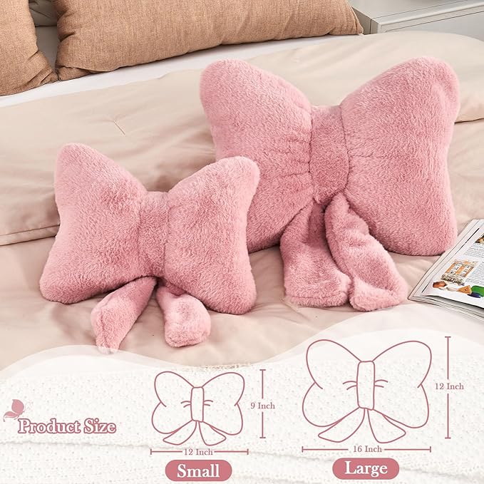 XVTRU Dusty Pink Bow Pillow, Soft Bow Decorative Pillows with Faux Rabbit Fur, Cute 16" Bow Throw Pillows, Aesthetic Home Decor Bow Shaped Plush Pillow for Bedroom Sofa Couch