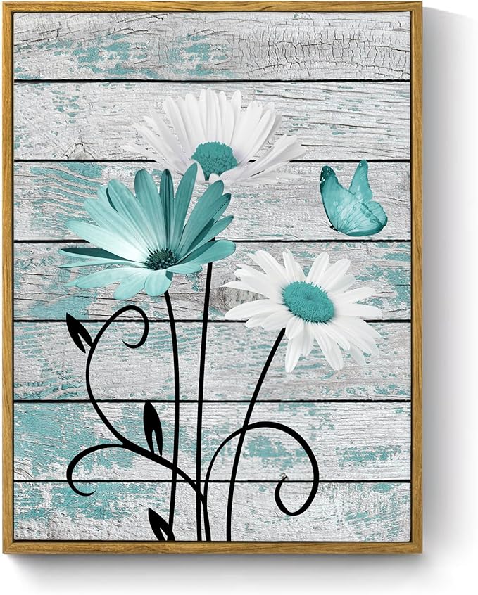 HVEST Farmhouse Teal Floral Framed Wall Art Rustic Daisy Butterfly on Vintage Wood Canvas Wall Art Nature Flower Pictures for Bedroom Living Room Office Decor Framed Artwork, 17L X 12W inches