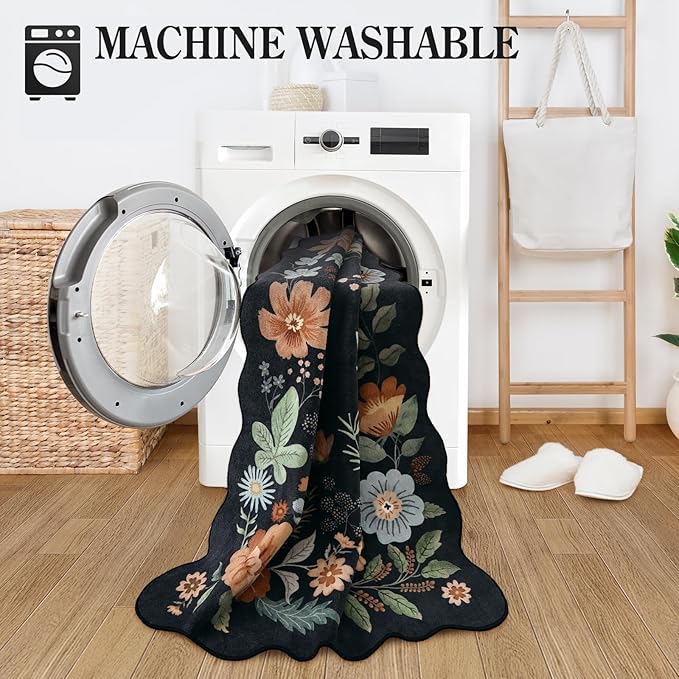 Lahome Floral Washable Rugs 8x10, Soft Ultra-Thin 8x10 Rugs for Living Room Bedroom, Easy Clean Boho Non-Slip Accent Carpet for Dining Room Office Flore (8x10ft,Black/Grey)