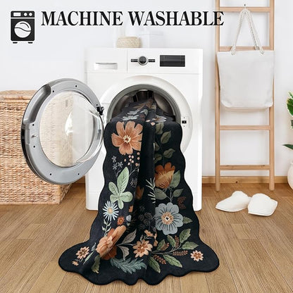 Lahome Floral Kitchen Runner, 2X6 Washable Runner Rug Non Slip Ultra-Thin, Soft Hallway Rug Stain Resistant Boho Small Low-Pile Carpet for ‎Laundry Bathroom Bedroom Flore (2x6ft,Black/Grey)