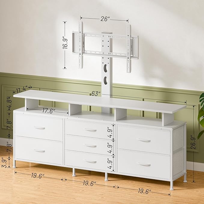 REAHOME TV Stand with Mount, 63" Entertainment Center for 32/45/55/60/65/70 inch TVs, Media Console Table with 7 Drawers, Height Adjustable Mount, Dresser TV Stand for Living Room, White