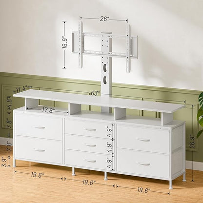 REAHOME TV Stand with Mount, 63" Entertainment Center for 32/45/55/60/65/70 inch TVs, Media Console Table with 7 Drawers, Height Adjustable Mount, Dresser TV Stand for Living Room, White