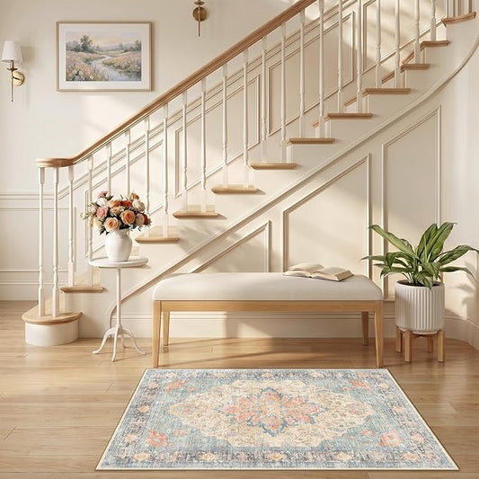 RELEANY Area Rugs 2'6"x4' Kitchen Rugs Entry Rug Small Rugs for Entryway Kitchen Bathroom Door Mat Indoor Entrance,Washable Non Slip, Blue Orange Red