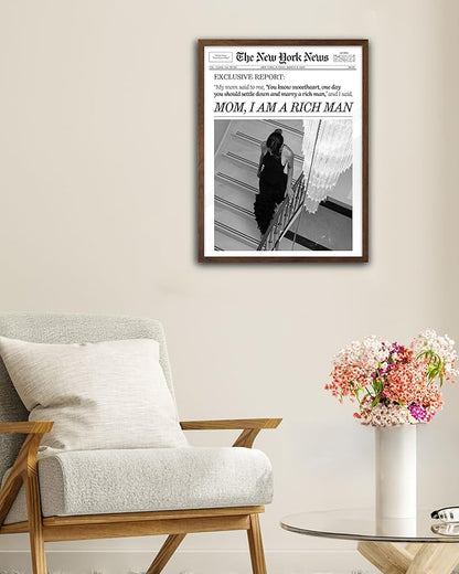 EcoHest Trendy Newspaper Framed Wall Art, Walnut Color 12x16 in OAK Wood Mom I Am a Rich Man Canvas Art, Magazine Girly Poster College Dorm Decor, Set of 1 for Bedroom Living Room