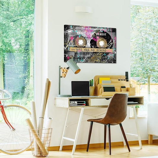 KREATIVE ARTS Vintage Graffiti Street Art Canvas Retro Cassette Tape Life Quote Wall Art Inspirational and Motivational Office Decor 24x36 Inch Stretched Canvas Ready to Hang