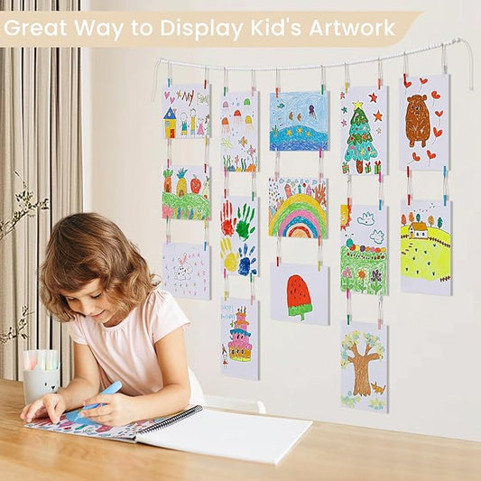KLOGTSIND Kids Art Display Wall Decor, Wooden Beads Garland Frame Holder with 34 Clips for kids artwork, Photo, Wall Hanging Boho Room Bedroom Decor