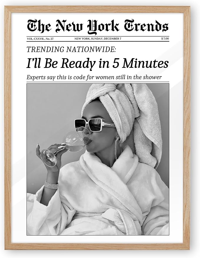 EcoHest 12x16 in Beige OAK Wood Framed Wall Art, Trendy Newspaper I'll Be Ready in 5 Minutes Print, Feminist Makeup Canvas Wall Art Home Decor, Retro Bathroom Decor, Set of 1 For Bedroom Living Room
