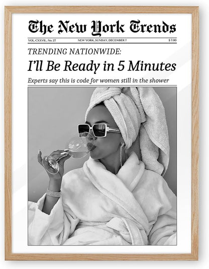 EcoHest Small 8x10 in Beige OAK Wood Framed Wall Art, I'll Be Ready in 5 Minutes Newspaper Print, Feminist Makeup Canvas Wall Art Home Decor, Retro Bathroom Decor, Set of 1 For Bedroom Living Room