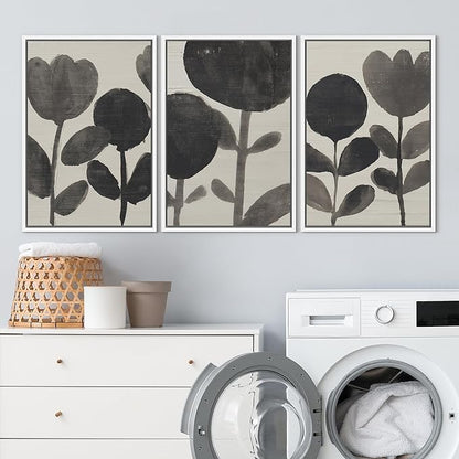 SIGNLEADER Framed Canvas Print Wall Art Set Black Ink Floral Silhouette Neutral Illustrations Minimal Decorative Bohemian Nordic for Living Room, Bedroom, Office - 16"x24"x3 WHITE