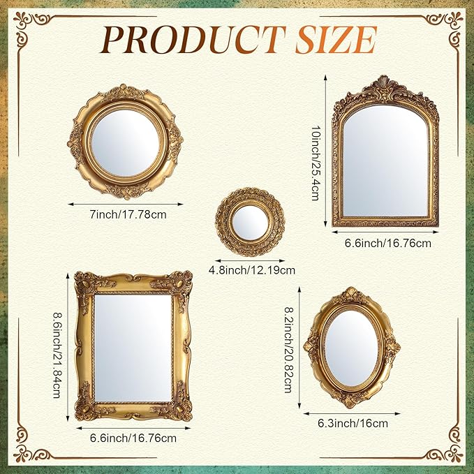 5 Pcs Vintage Gold Mirror Luxury Set Small Gold Mirrors Vintage Gallery Wall Mirror Hanging Antique Art Decor for Wall Living Room Entryway Assorted Sizes (Stylish Style,10in/8in/7in/4in)