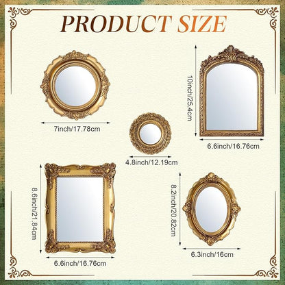 5 Pcs Vintage Gold Mirror Luxury Set Small Gold Mirrors Vintage Gallery Wall Mirror Hanging Antique Art Decor for Wall Living Room Entryway Assorted Sizes (Stylish Style,10in/8in/7in/4in)