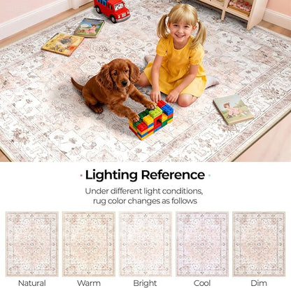 CAPALOCA Machine Washable Rugs Nursery Rug 5x8 Cute Girl Non Slip Low Pile Water Repellent Soft Print Pattern for Bedroom Indoor Decor Kids Playroom Pink