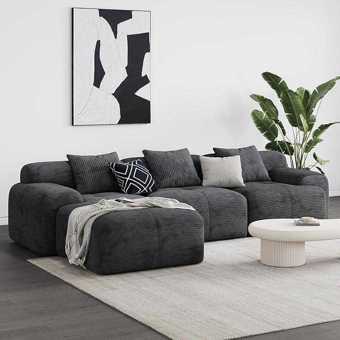 Modern L-Shaped Modular Sectional Sofa for Living Room，Oversized 3-Seater Couch with Deep Seat and Movable Ottoman – No Assembly,Comfortable Suede Fabric Boneless Sofa (Dark Gray)