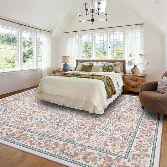 AMADA HOMEFURNISHING 8x10 Washable Area Rugs for Living Room, Non-Slip & Low-Profile Floral Large Area Rug with Durable Edge Binding, Soft Rugs for Living Room, Bedroom, Dining Room