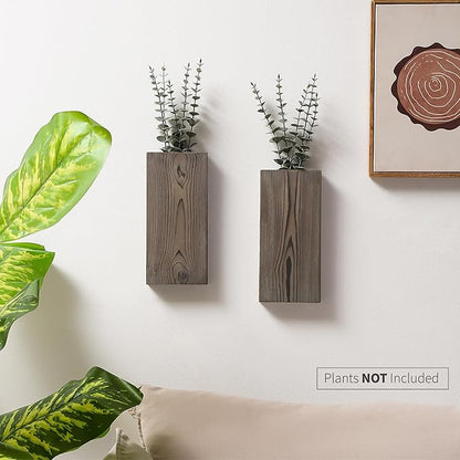 Wood Wall Planter Set of 2, Wood Wall Pocket for Greenery and Dried Flowers, Indoor Wood Hanging Vase, Modern Farmhouse Wall Decor for Living Room Bedroom Office Eucalyptus Stems Decorations (Grey)