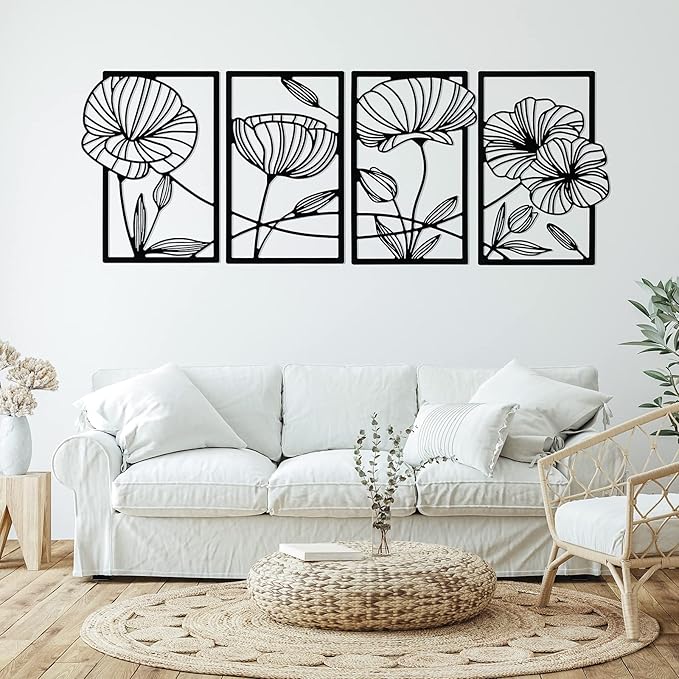 4 Pcs Metal Wall Art 16.5 x 11.8'' Line Art Wall Decor Floral Minimalist Decor Hanging Flower Aesthetic Modern for Living Room Bedroom Bathroom Kitchen Decoration(Black)