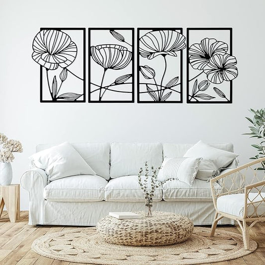 4 Pcs Metal Wall Art 16.5 x 11.8'' Line Art Wall Decor Floral Minimalist Decor Hanging Flower Aesthetic Modern for Living Room Bedroom Bathroom Kitchen Decoration(Black)