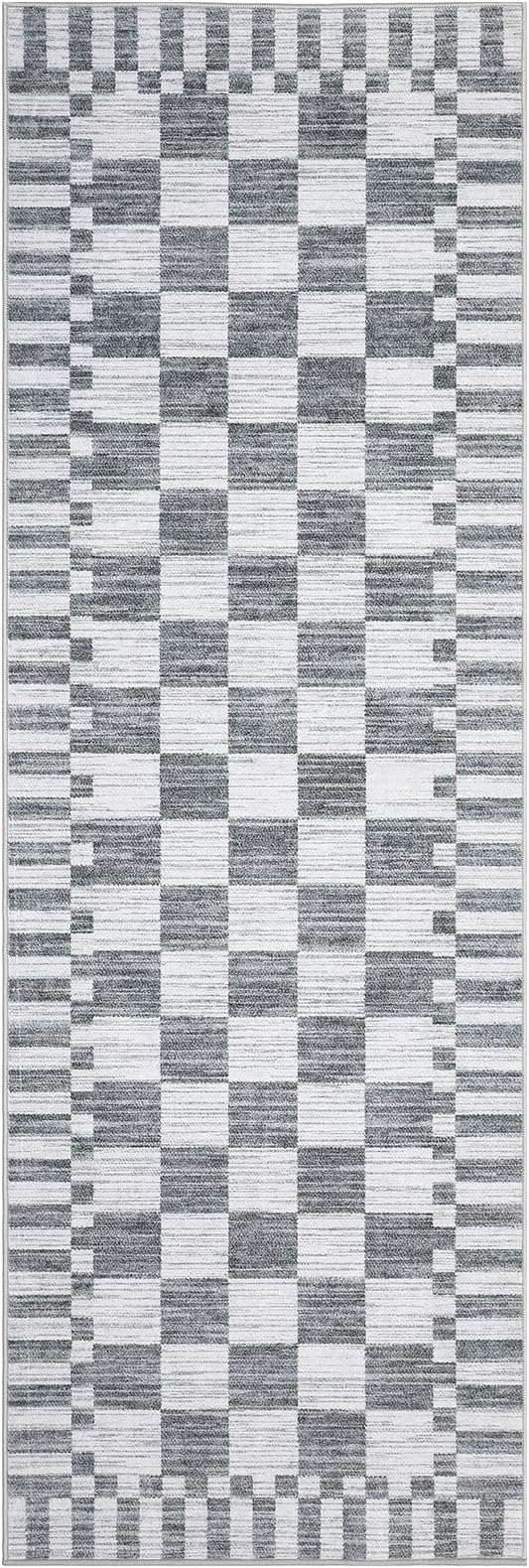 GarveeHome 2.5×8 Kitchen Runner Rug Non Slip,Grey Checkered Rug, Washable Runner Rug for Hallway Soft Low-Pile Geometric Modern Rugs for Entryway