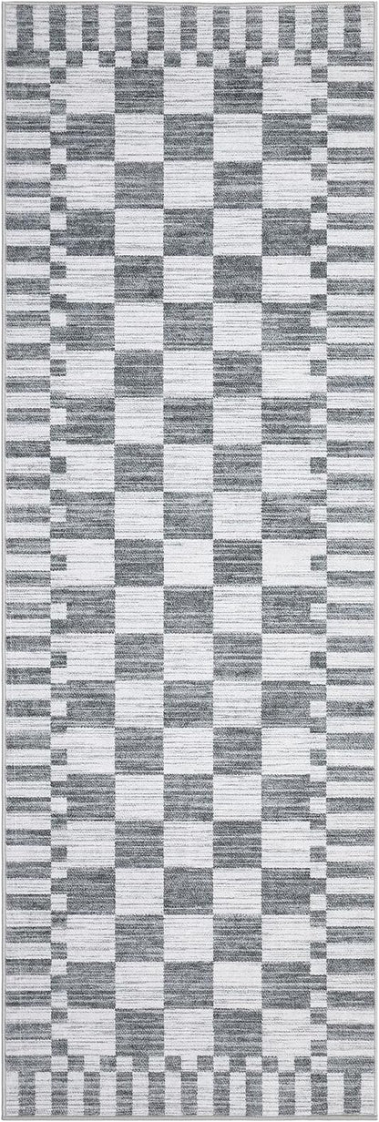 GarveeHome 2×12 Kitchen Runner Rug Non Slip,Grey Checkered Rug,Washable Runner Rug for Hallway Soft Low-Pile Geometric Checkerboard Rugs for Entryway Kitchen Dining Room