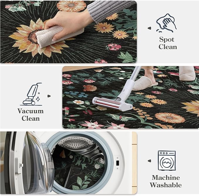 LIVEBOX Sunflower Botanical Washable 8x10 Area Rugs, Black Rug for Living Room, Non Slip Rugs for Bedroom, Boho Floral Indoor Throw Dining Room Carpet for Under Table Home Office Nursery Playroom