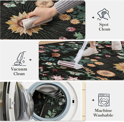 LIVEBOX Sunflower Botanical Washable 8x10 Area Rugs, Black Rug for Living Room, Non Slip Rugs for Bedroom, Boho Floral Indoor Throw Dining Room Carpet for Under Table Home Office Nursery Playroom