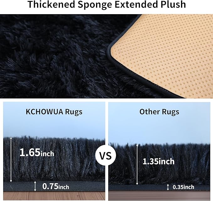 KICHOWUA Thick Area Rug Black Fluffy Shag 5x7 for Bedroom, Ultra Soft Plush Fuzzy Washable Thickened Non-Slip Floor Carpet, Modern Cozy Furry Rug for Living Room Kids Baby Boys Girls Nursery Dorm