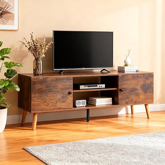 PayLessHere TV Stand for 55/60 Inch TVs,Modern Media Console with 2 Storage Cabinets and Open Shelves,Entertainment Center for Living Room, Bedroom,Brown