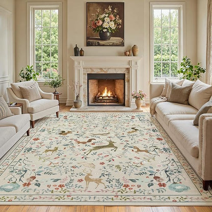 9x12 Area Rugs Washable Rug: Lagre Boho Living Room Rug Soft Non-Slip Thin Carpet Indoor Floor Non-Shedding Neutral Floral Carpets for Bedroom Dining Room Farmhouse Nursery Beige Animal