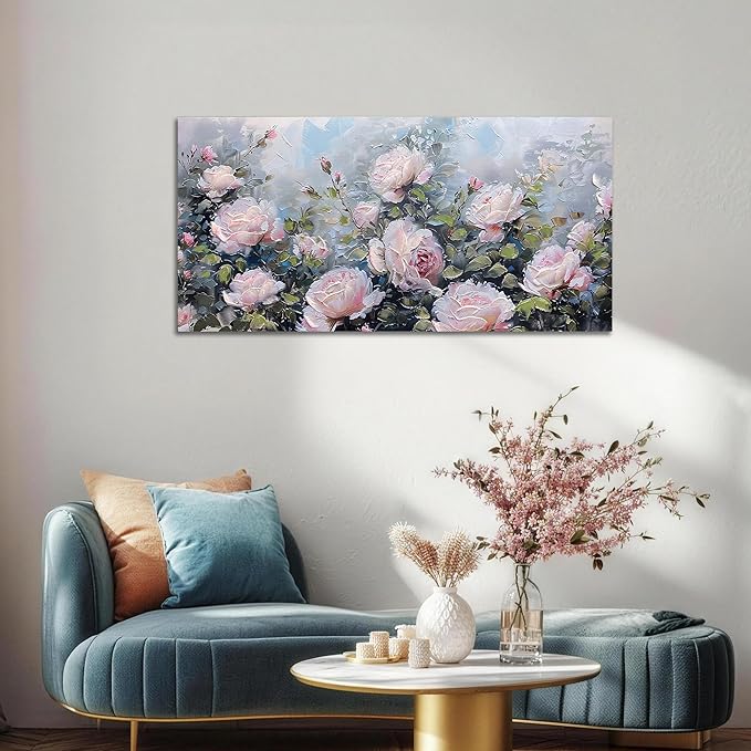 Enartly Pink Flower Wall Art Large Living Room Bedroom Wall Decor Rose Canvas Painting Floral Picture Bloosom Textured Green Modern Artwork Framed for Bathroom Kitchen Home Office Decoration, 48"x24"
