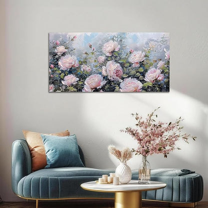 Enartly Pink Flower Wall Art Large Living Room Bedroom Wall Decor Rose Canvas Painting Floral Picture Bloosom Textured Green Modern Artwork Framed for Bathroom Kitchen Home Office Decoration, 48"x24"