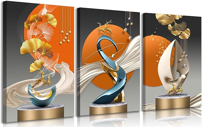 3pcs Modern Abstract Canvas Wall Art Golden Deer Ginkgo Leaf Luxury Foil Lines Wall Decor Pictures White Blue Orange Color Posters Prints Paintings for Living Room Bedroom Office Home Decoration