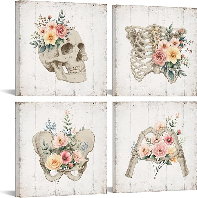KREATIVE ARTS 4-Piece Vintage Skull Canvas Wall Art Floral Skeleton Anatomy, Gothic Decor for Bedroom, Living Room, or Office, Medical Human Anatomy Halloween Print, Ready to Hang