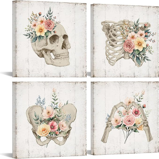 KREATIVE ARTS 4-Piece Vintage Skull Canvas Wall Art Floral Skeleton Anatomy, Gothic Decor for Bedroom, Living Room, or Office, Medical Human Anatomy Halloween Print, Ready to Hang