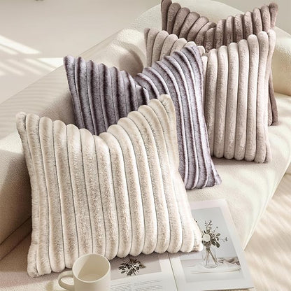decorUhome Cozy Faux Fur Throw Pillow Covers 26x26 Set of 2 Decorative Soft Plush Striped Modern Farmhouse Boho Couch Euro Sham Pillow Cases with Velvet Back for Sofa Bed Living Room, Brown White