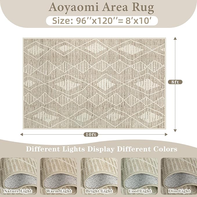 Area Rug Living Room Rugs 8x10 - Large Soft Boho Geometric Rug, Non-Slip Foldable Washable Rugs Non Shedding Morden Indoor Floor Carpet for Living Bedroom Office Dining Room(Cream Beige, 8'x10')