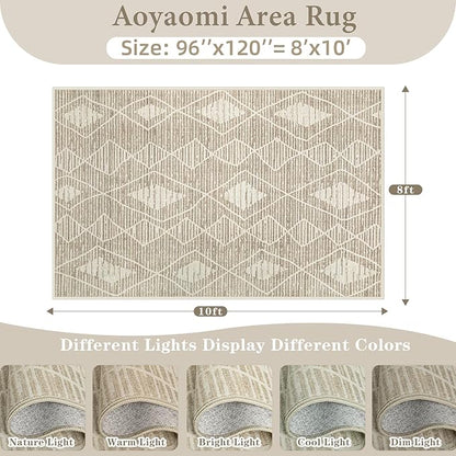 Area Rug Living Room Rugs 8x10 - Large Soft Boho Geometric Rug, Non-Slip Foldable Washable Rugs Non Shedding Morden Indoor Floor Carpet for Living Bedroom Office Dining Room(Cream Beige, 8'x10')