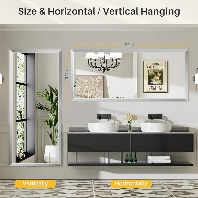 72x32 Inch Brushed Silver Bathroom Mirror for Wall, Thick Metal Framed Rectangle Mirrors for Over Sink, Bedroom, Living Room, Entryway, Anti-Rust, HD Tempered Glass