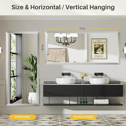 72x32 Inch Brushed Silver Bathroom Mirror for Wall, Thick Metal Framed Rectangle Mirrors for Over Sink, Bedroom, Living Room, Entryway, Anti-Rust, HD Tempered Glass