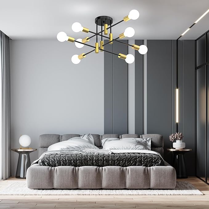 Modern Sputnik Chandelier Ceiling Light Fixture, 8-Light Mid Century Industrial Semi Flush Mount Light for Dining Room, Kitchen Island, Bedroom, Living Room, Matte Black and Gold, Adjustable Arms