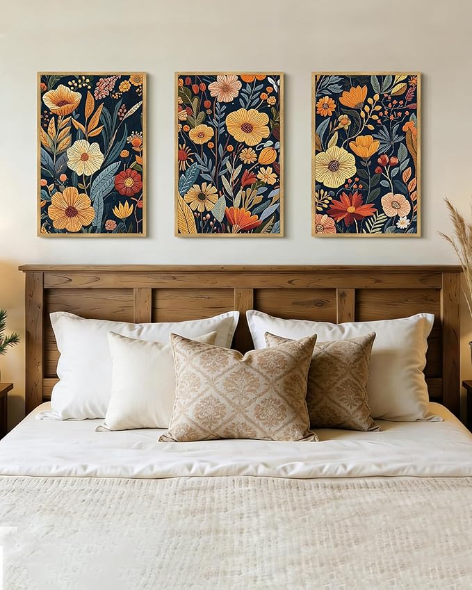 Drsoum Vintage Flower Wall Art Framed Retro Bohemian Boho Colorful Floral Plant Rustic Artwork Nature Botanical Wildflower Prints Bedroom Living Room Ready to Hang 16x24in Natural Framed
