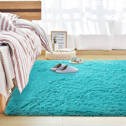 Andecor Soft Fluffy Bedroom Rugs, 5 x 8 Feet Indoor Shaggy Plush Area Rug for Boys Girls Kids Baby College Dorm Living Room Home Decor Floor Carpet, Teal Blue