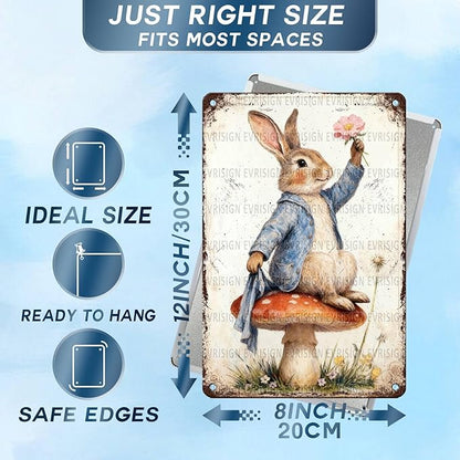 Easter Retro Rabbit Metal Sign Vintage Tin Wall Art Rustic Farmhouse Decor For Home Bar Living Room Spring Celebration 8x12Inch