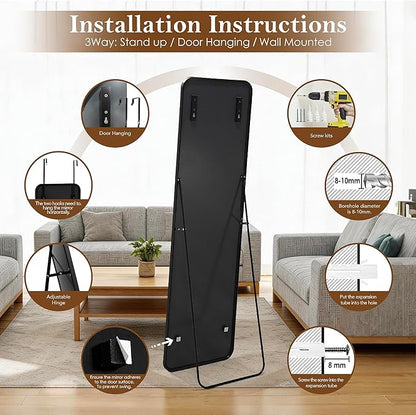 NARCISSUS 57x16 Mirror Door Hanging Full Length Body with Floor Stand or Wall Mounted Metal Aluminum Frame Tempered Glass Rectangle Mirrors for Bedroom Dressing Living Room Bathroom 57 inch Black
