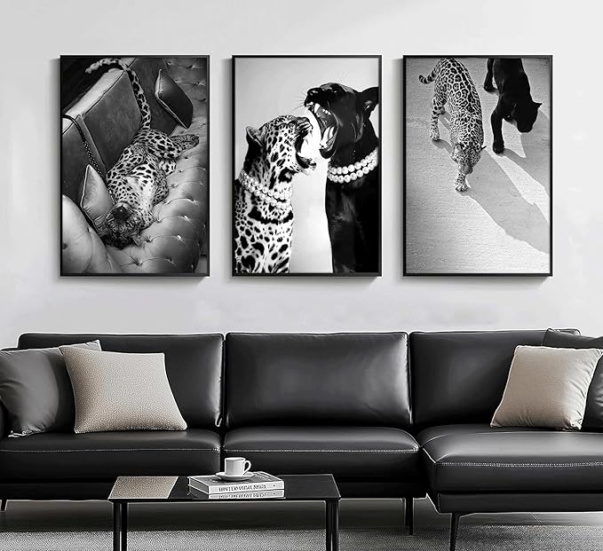 3 Pcs Black and White Cheetah Canvas Wall Art Vintage Trendy Wild Leopard Painting Picture Wall Decor Poster Print Artwork for Bedroom Living Room Apartment Home Decoration (24L x16W-Poster)