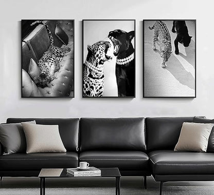 3 Pcs Black and White Cheetah Canvas Wall Art Vintage Trendy Wild Leopard Painting Picture Wall Decor Poster Print Artwork for Bedroom Living Room Apartment Home Decoration (24L x16W-Poster)