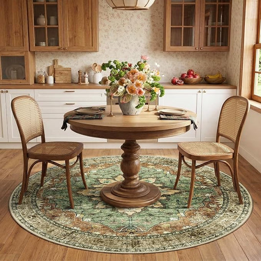 RELEANY Area Rugs Round 6ft Washable Non-Slip, Floral Vintage Distress Print Pattern Medallion Carpet for Living Room Bedroom Dining Room, Brick Red Rust Neutral Brown Burnt Orange Green