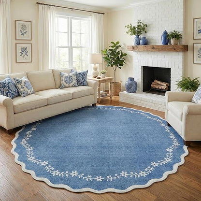 GarveeHome Round Area Rugs 6ft for Bedroom, Solid Navy Washable Circle Rug Soft Non Slip Floral Print Floor Mat Leaves Carpet Indoor Thin Rug for Living Room Dining Room Playroom Nursery