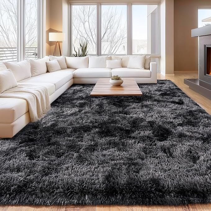 Tie-Dyed Black Grey Shaggy Rugs Fluffy Carpets, Indoor Modern Plush Area Rugs for Living Room, Upgrade Anti-Skid Area Rug, 10x14 Feet Fuzzy Rug for Nursery Home Decor